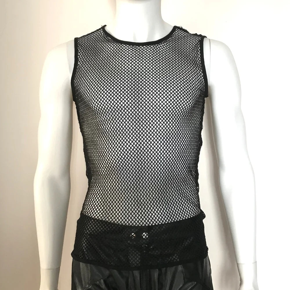 Plus size sleeveless black fishnet tank top for men, stylish summer fashion, fitness tee, and sexy lingerie by Showlu Fashion.