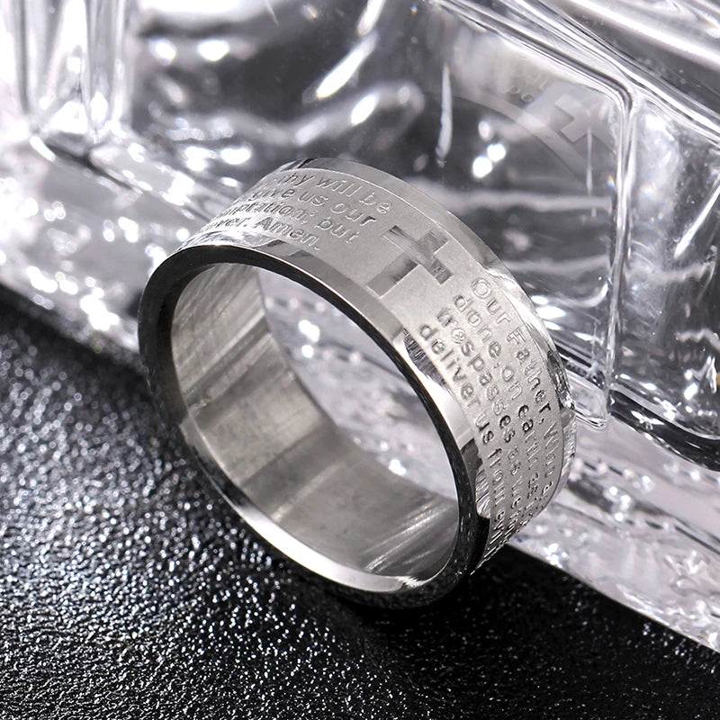 Titanium steel Christian cross Bible ring with 8mm unisex band, featuring detailed Christian cross design.