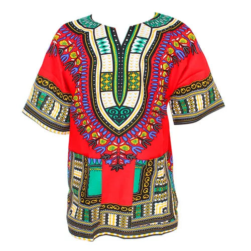 Colorful floral African dashiki dress made of traditional cotton fabric, featuring vibrant print and intricate patterns.