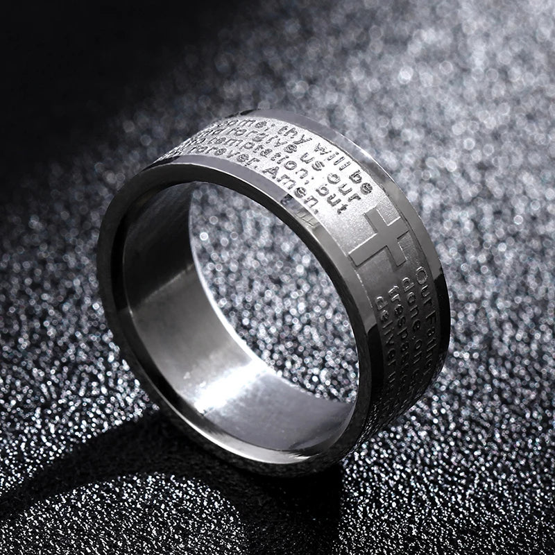 Unisex Mango Sky Titanium Steel Christian Cross Bible Ring with 8mm band, featuring a detailed religious cross design.