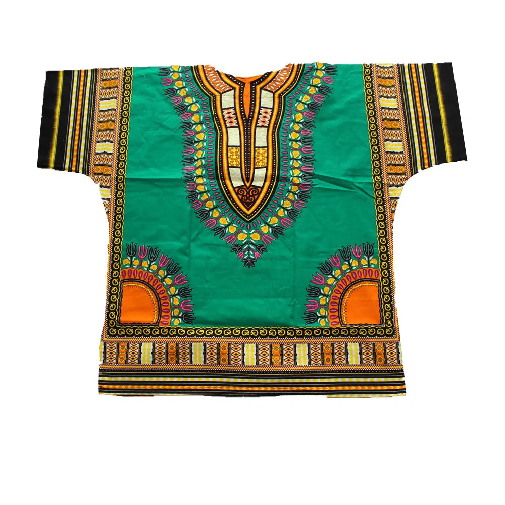 Colorful floral African dashiki dress made of traditional cotton fabric, featuring vibrant print and intricate design.