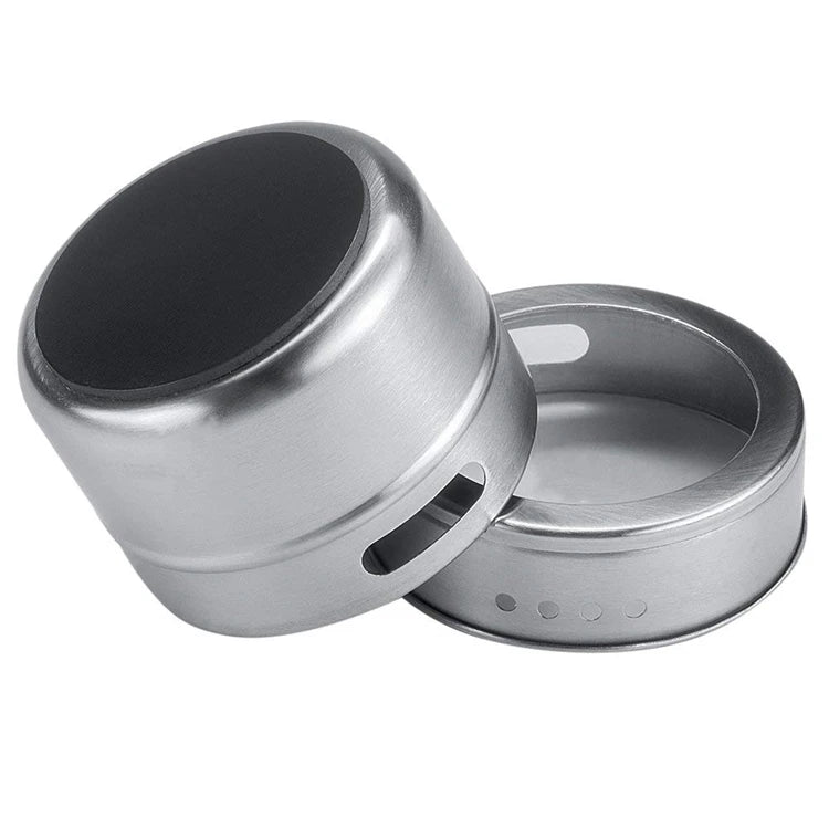Magnetic stainless steel spice jar set by Showlu Smart General with labeled spice containers and a magnetic mounting rack for kitchen storage