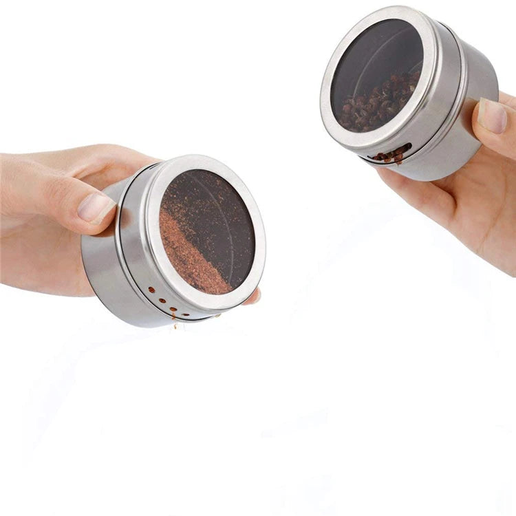 Magnetic stainless steel spice jar set with labeled containers and a sleek kitchen storage design by Showlu Smart General