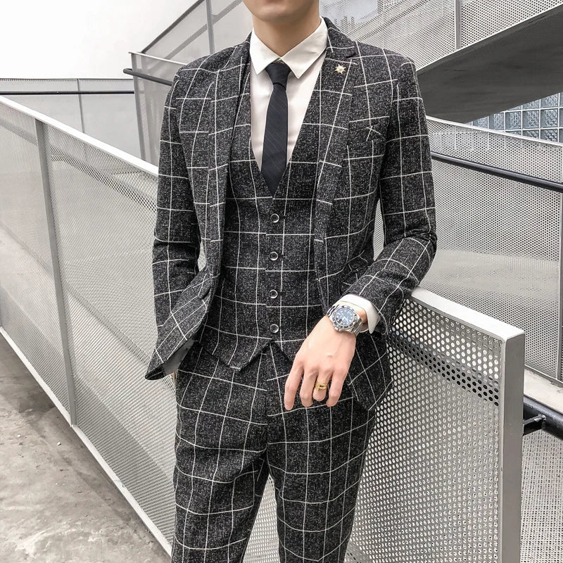 Left view of SHOWLU FASHION STORE men's 3-piece slim fit plaid business suit with jacket, vest, and pants.