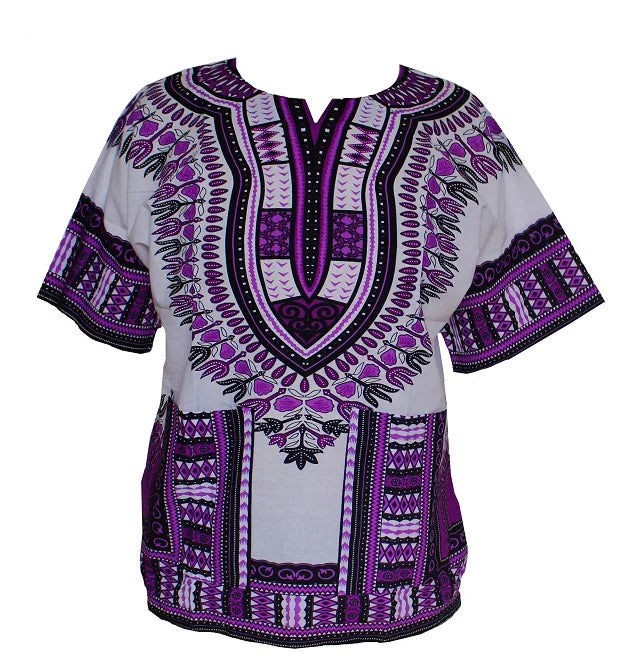 Colorful floral African dashiki dress made of traditional cotton print, featuring vibrant patterns and a comfortable fit.