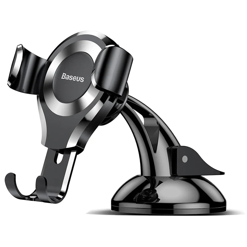 Black Baseus Gravity Car Phone Holder with suction cup dashboard mount for secure, hands-free phone use in vehicles.