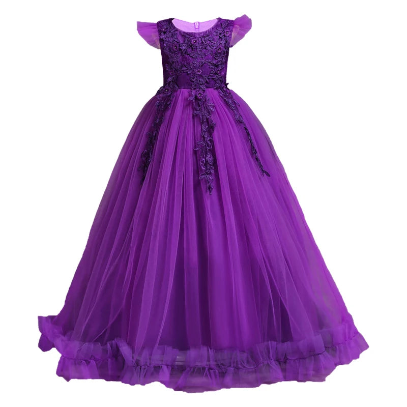 Kids flower lace sleeveless long dress by Showlu Fashion Store, perfect for formal events and princess costumes for girls aged 4-15.