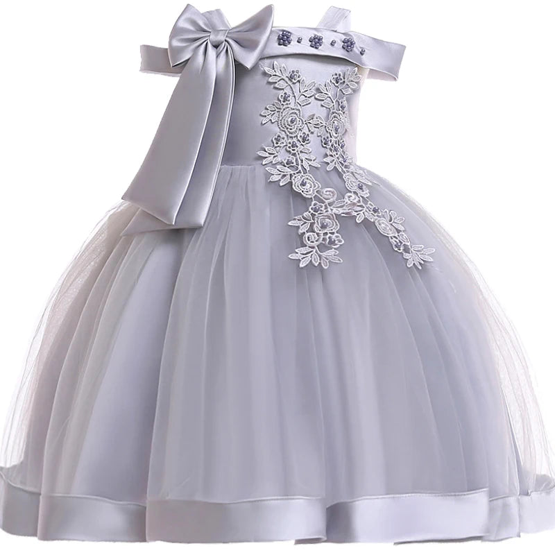 Girls lace flower wedding princess dress with big bow, perfect for parties, holidays, and special occasions for baby and kids.