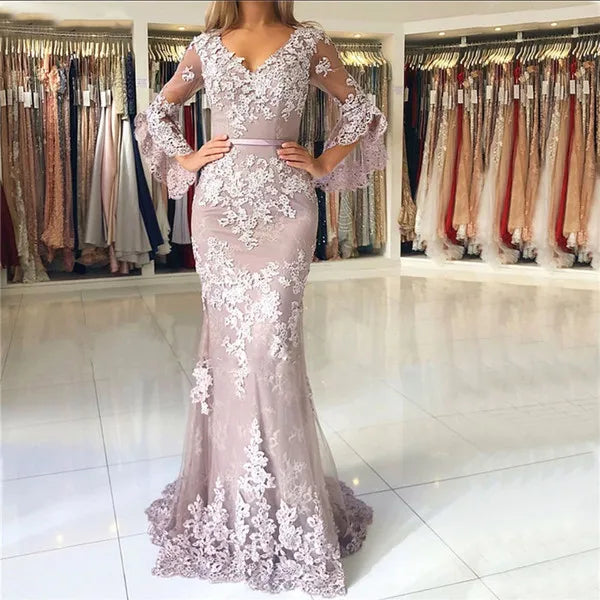 Pink Mother of the Bride Dresses for Weddings Lace Mermaid Prom Dresses V Neck Long Sleeves Elegant Evening Wear vestidos