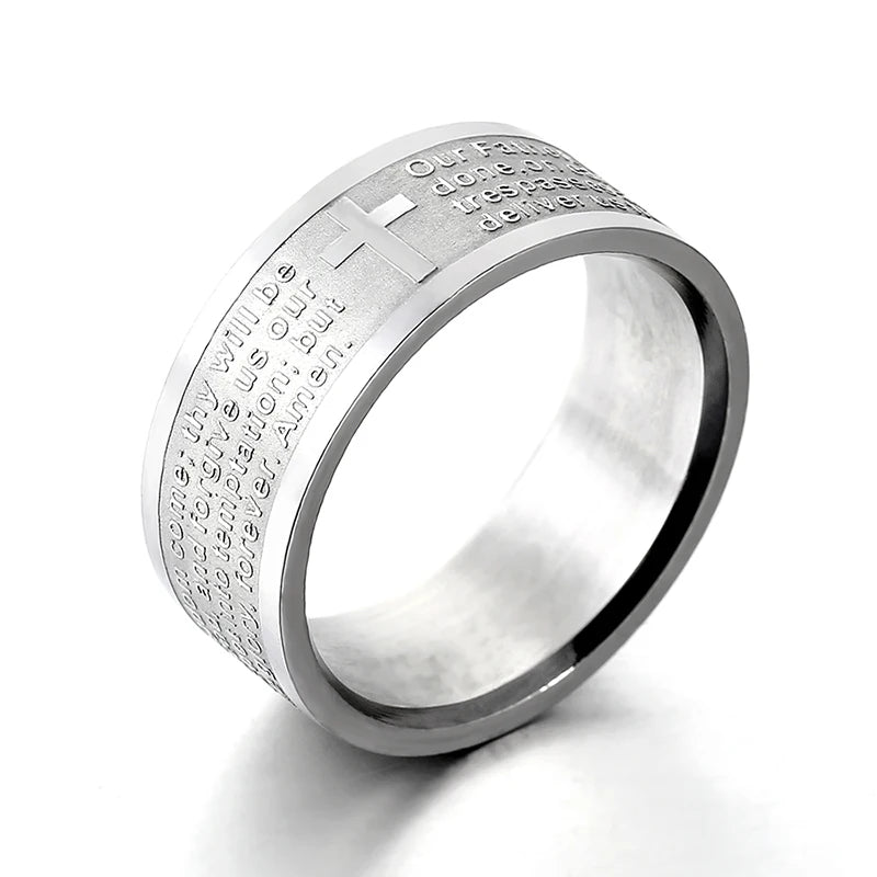 Unisex Mango Sky Titanium Steel Christian Cross Bible Ring with 8mm band, featuring a detailed religious cross design.