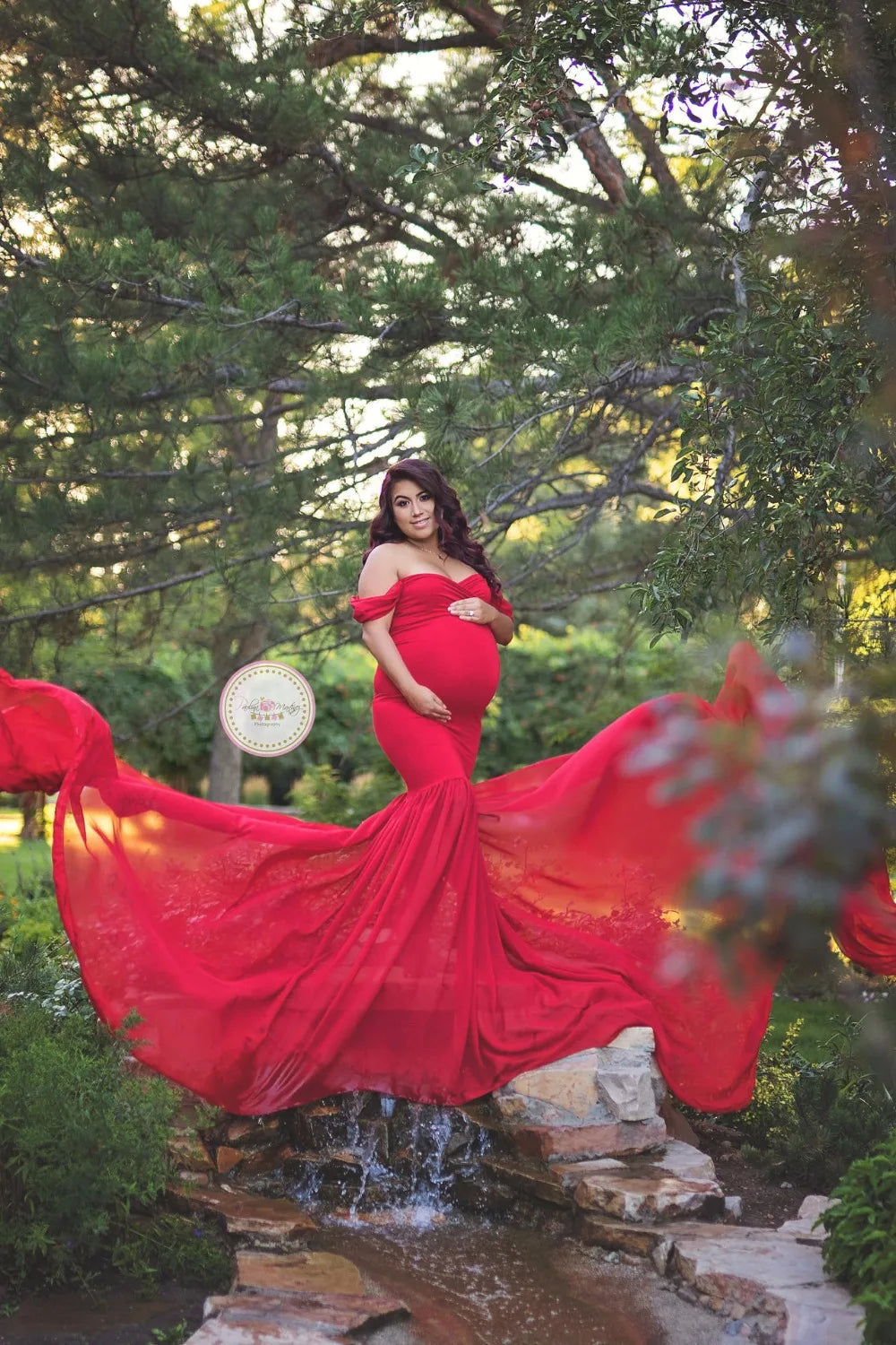 Soft cotton and chiffon maternity gown with off-shoulder design, perfect for pregnancy photo shoots and maternity photography.
