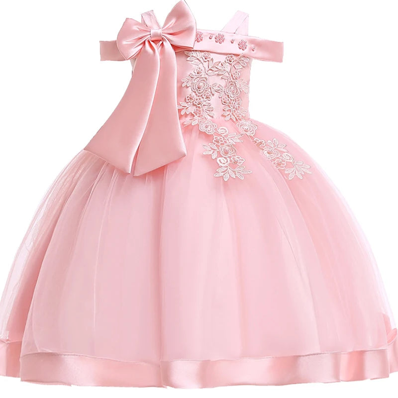 Girls lace flower wedding princess dress with big bow, perfect for kids' parties, holidays, and special occasions.