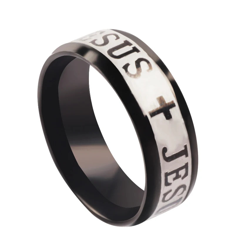 Stainless steel cross ring with 8mm width, featuring "I Love Jesus" engraved, displayed on a white background.