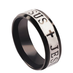 A black stainless steel ring featuring a silver-toned band engraved with crosses and the word Jesus.