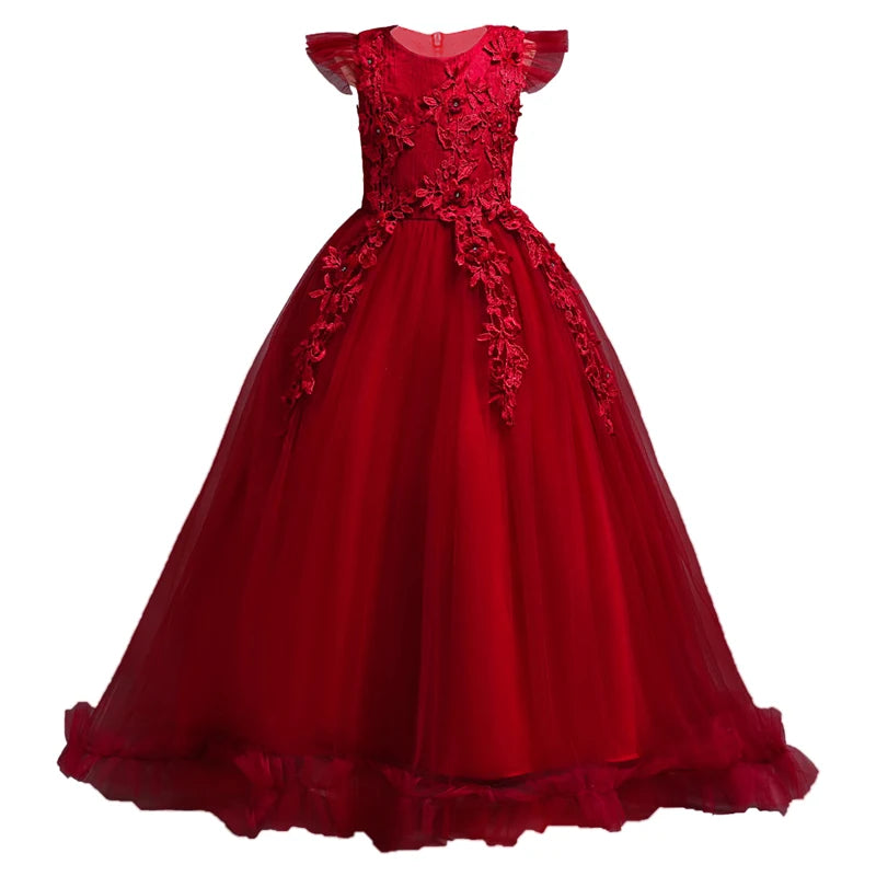 Girls' flower lace sleeveless long dress by Showlu Fashion, perfect for formal occasions and weddings for ages 4-15.