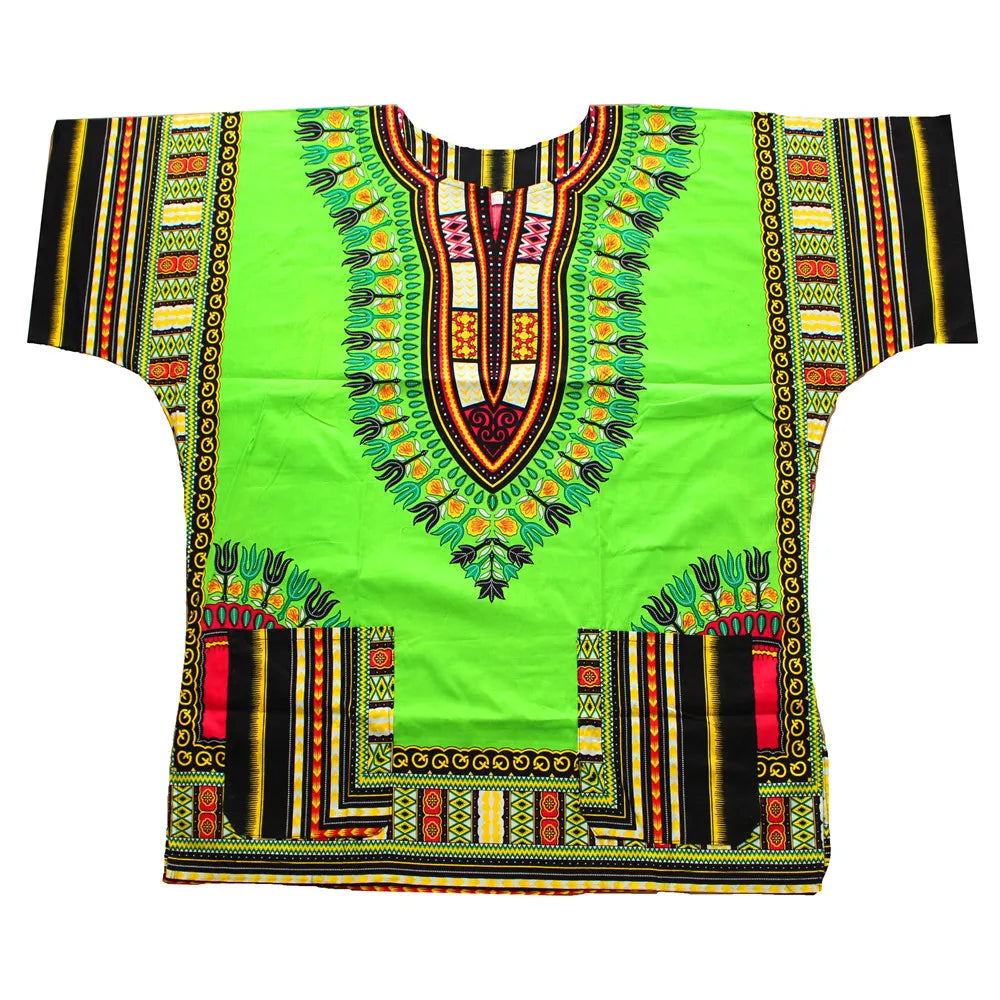 Colorful floral African dashiki dress made of traditional cotton fabric, featuring vibrant patterns and a relaxed fit.