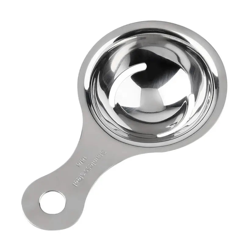 Showlu Smart General stainless steel egg white separator spoon with ergonomic handle and slotted design for easy egg white separation.