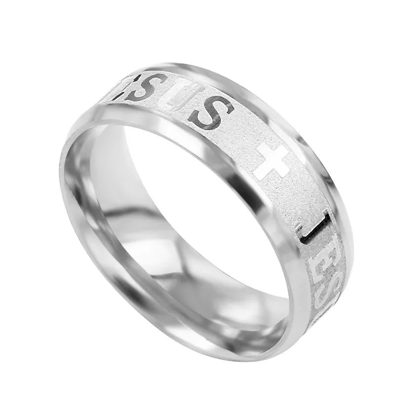 Stainless steel cross ring with 8mm width, I Love Jesus design, showcasing a religious symbol on a sleek wedding band style.