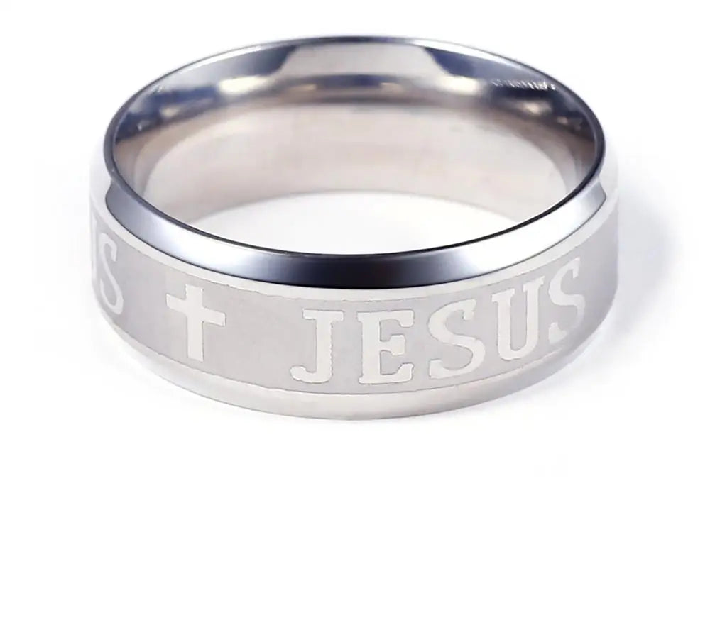 Stainless steel cross ring featuring 8mm width, I Love Jesus design, perfect for faith-inspired wedding or fashion jewelry.