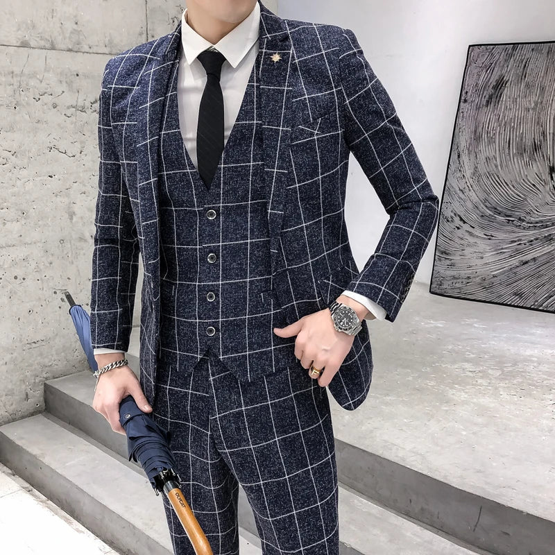Left side view of a men's slim fit plaid business suit with jacket, vest, and pants by SHOWLU FASHION STORE.