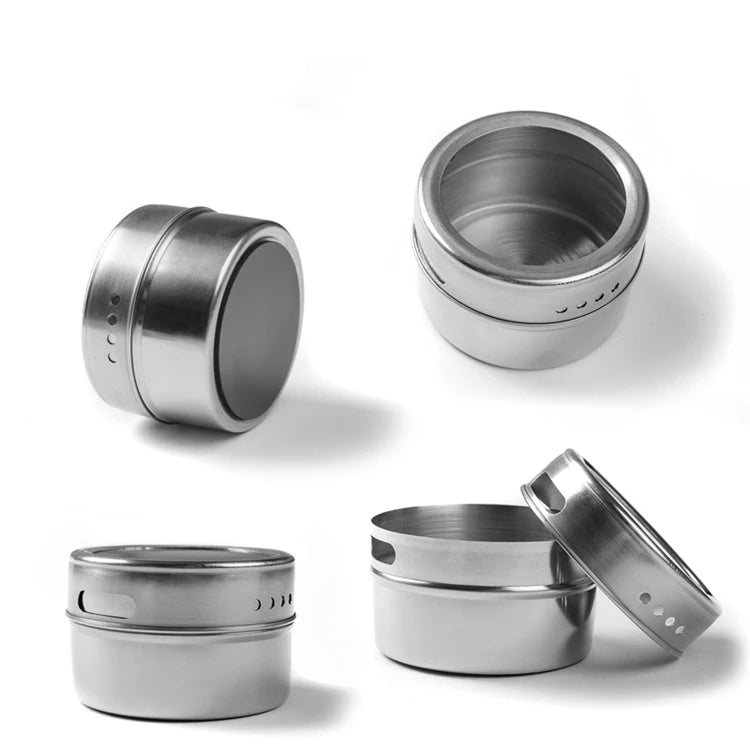 Magnetic stainless steel spice jar set from Showlu Smart General with clear lids for kitchen storage and organization.