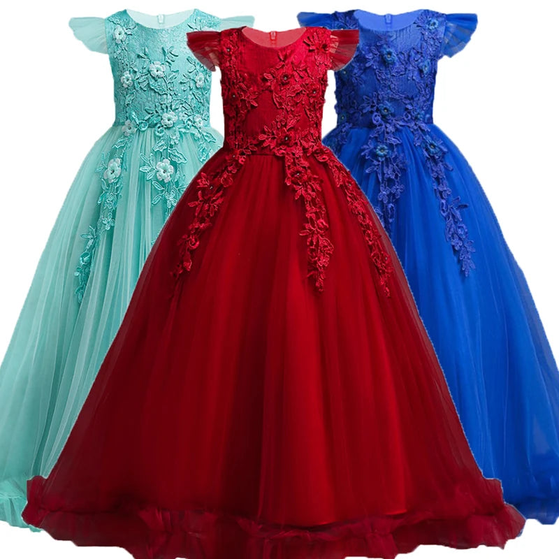 Girls' long flower lace formal dress by Showlu Fashion, sleeveless princess costume for weddings and special occasions, ages 4-15.