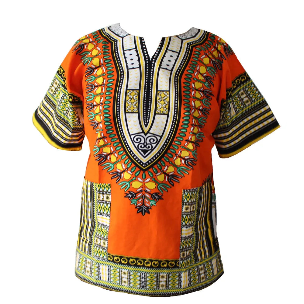 Colorful floral African dashiki dress made of traditional cotton fabric, featuring vibrant print and intricate design details.
