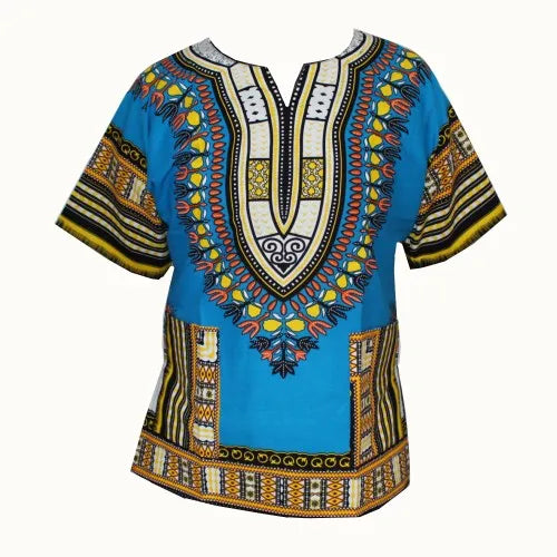 Colorful floral African dashiki dress made of traditional cotton print, featuring vibrant patterns and a relaxed fit.