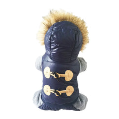 A navy blue hooded dog jumpsuit with a faux fur trim and two tan toggle closures on the back.