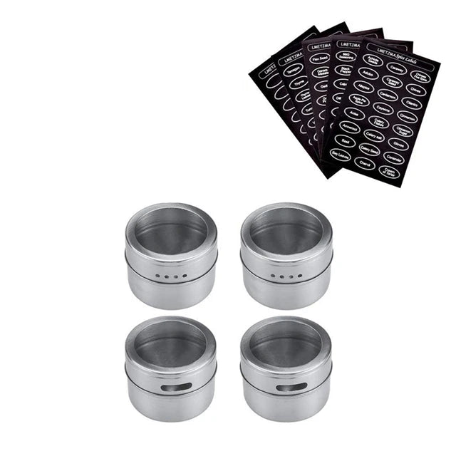 Magnetic stainless steel spice jar set with clear lids for kitchen storage, featuring Showlu Smart General brand design.