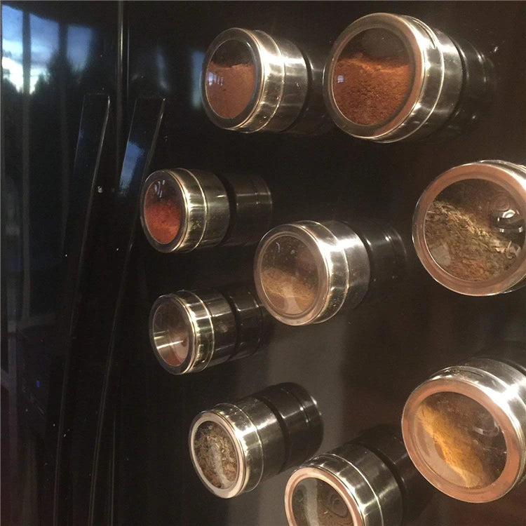 Magnetic stainless steel spice jar set with labeled lids, designed for kitchen storage and organization by Showlu Smart General