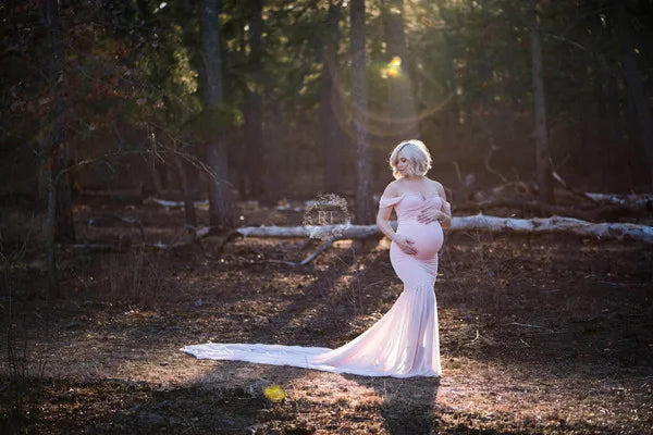 Soft cotton and chiffon maternity off-shoulder gown for pregnancy photos, showcasing a flowing, elegant pregnancy dress.