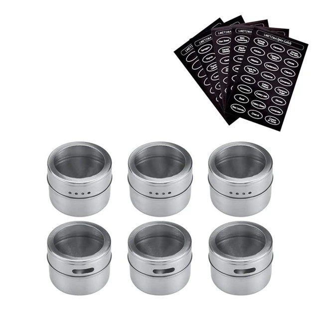 Set of magnetic stainless steel spice jars from Showlu Smart General for kitchen storage, with clear lids and magnetic bases.