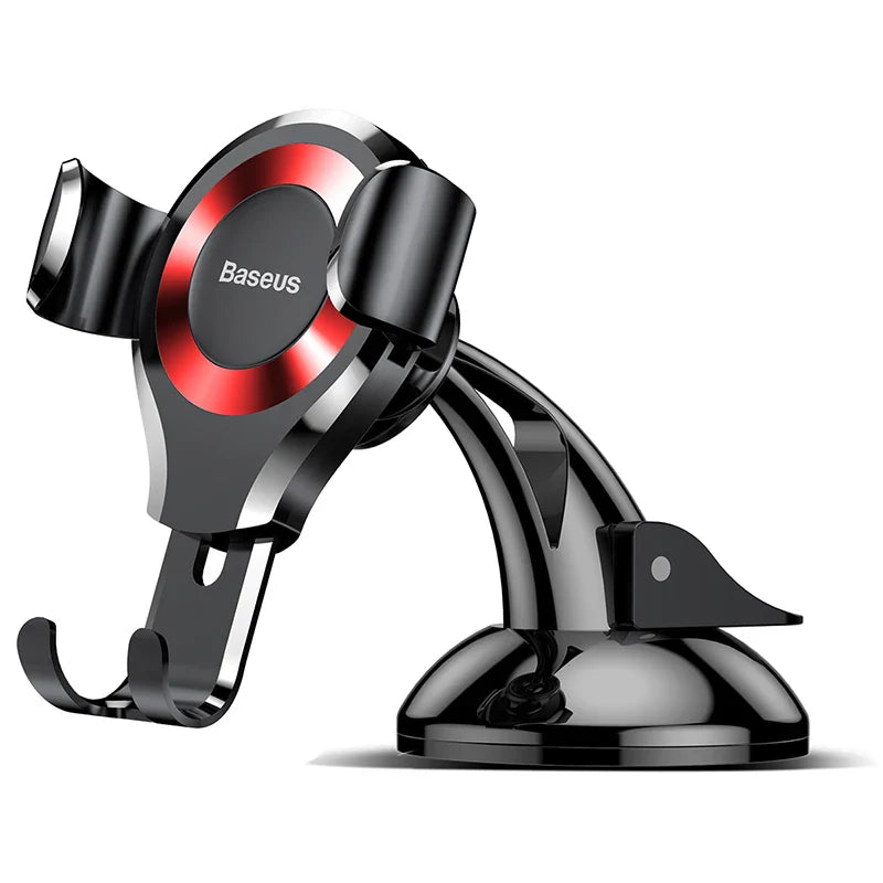Black Baseus Gravity Car Phone Holder with suction cup dashboard mount, showing the adjustable grip and sleek design.