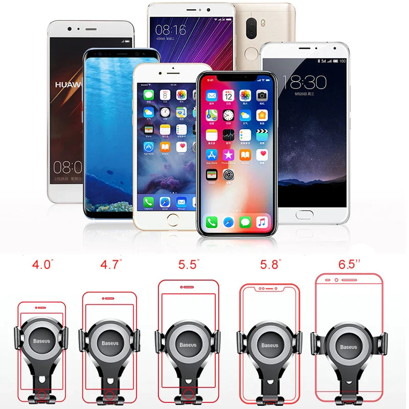Black Baseus Gravity Car Phone Holder with suction cup dashboard mount, showcasing its adjustable design and secure grip for smartphones.
