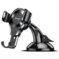 Black Baseus Gravity Car Phone Holder with suction cup dashboard mount, showing adjustable grip and secure phone placement.