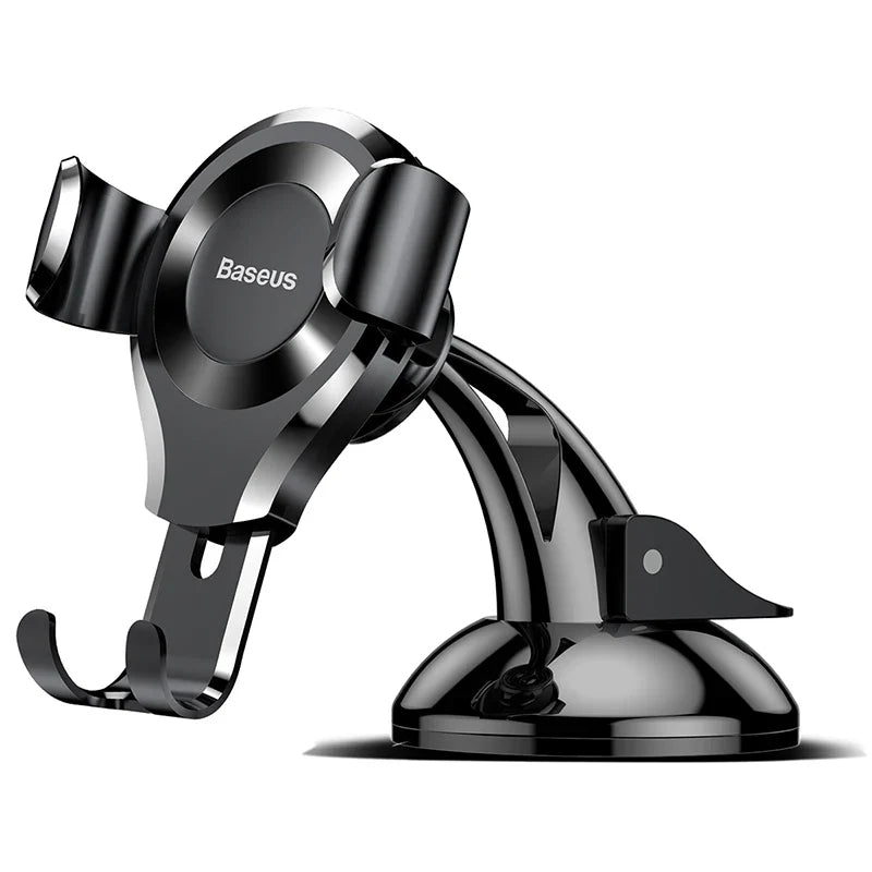 Black Baseus Gravity Car Phone Holder with suction cup dashboard mount, showing adjustable grip and secure phone placement.