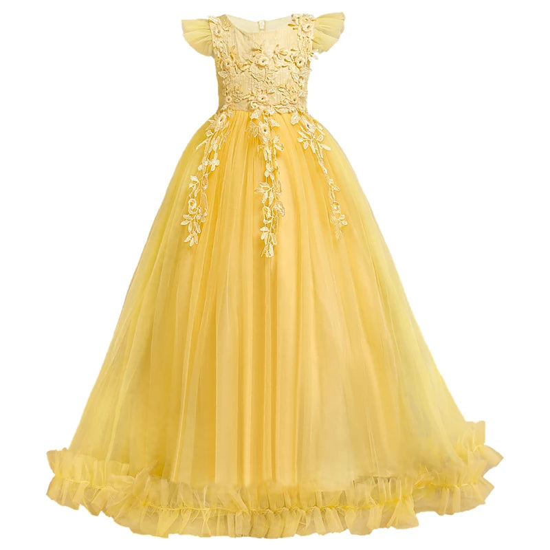 Girls flower lace sleeveless formal long dress with princess style, suitable for weddings and special occasions, ages 4-15.