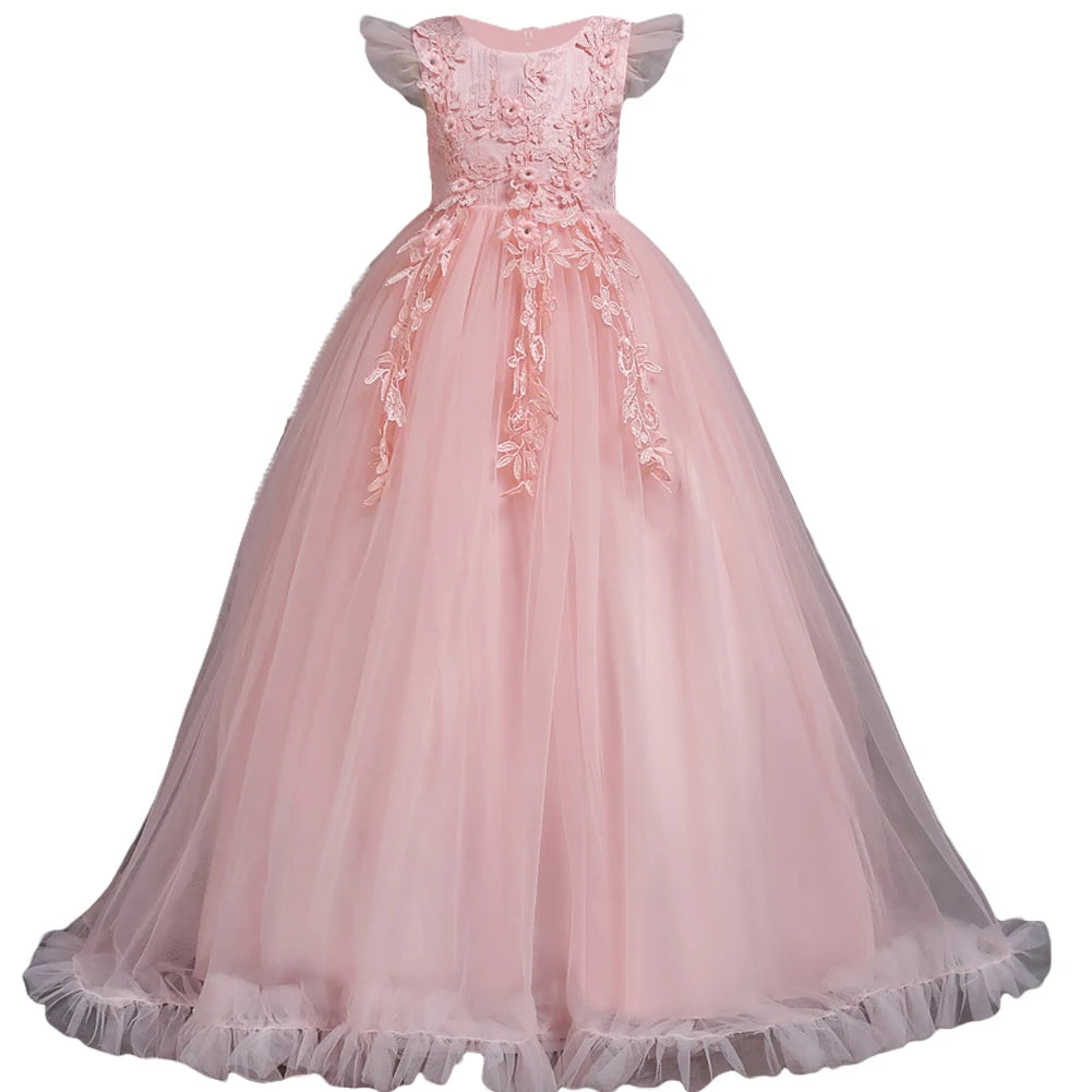 Girls flower lace formal sleeveless long dress by Showlu Fashion, perfect for special occasions and weddings for ages 4 to 15.