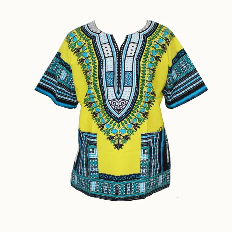 Colorful African Dashiki dress with floral print, traditional cotton fabric, showcasing vibrant patterns and cultural style.