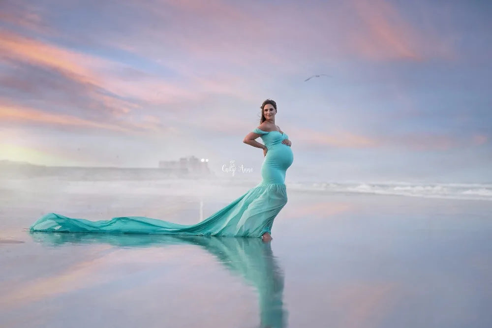 Cotton and chiffon maternity off-shoulder half circle gown by Showlu Fashion for pregnancy photography shoots
