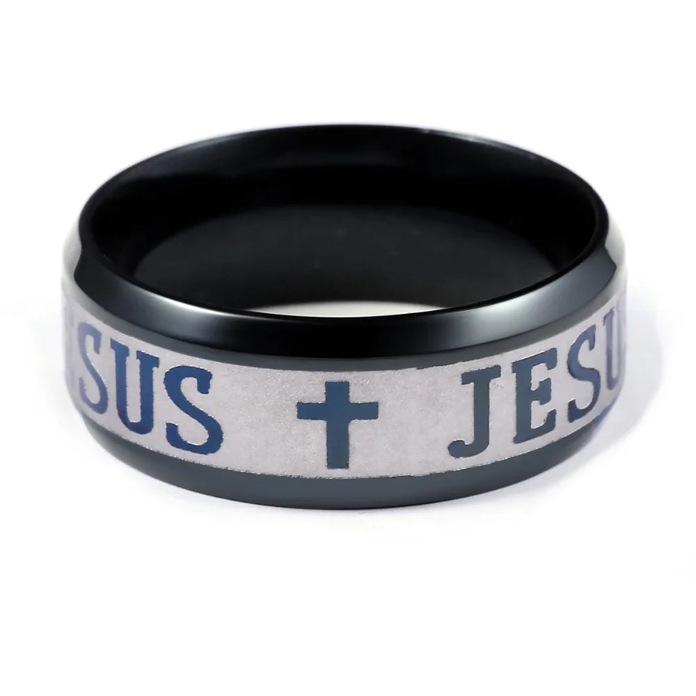 Stainless steel cross ring with 8mm width from QianBei, I Love Jesus wedding band featuring a Christian cross design.