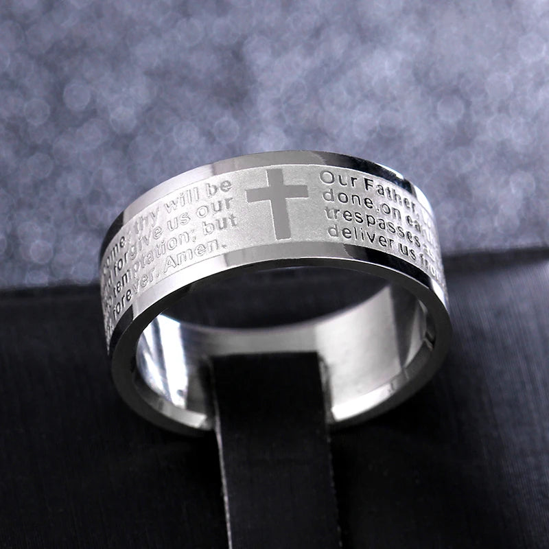 Unisex Mango Sky Titanium Steel Christian Cross Bible Ring with 8mm band, showcasing a sleek design and Christian symbol.