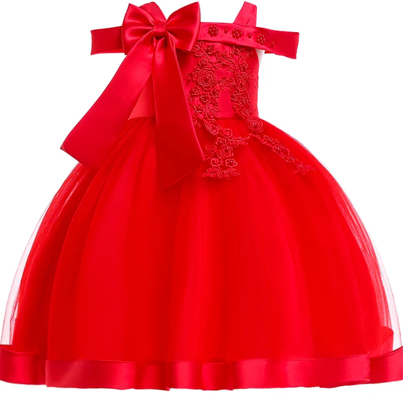 Girls lace flower princess dress with big bow, perfect for wedding, party, or holiday celebrations, from Showlu Fashion Store.