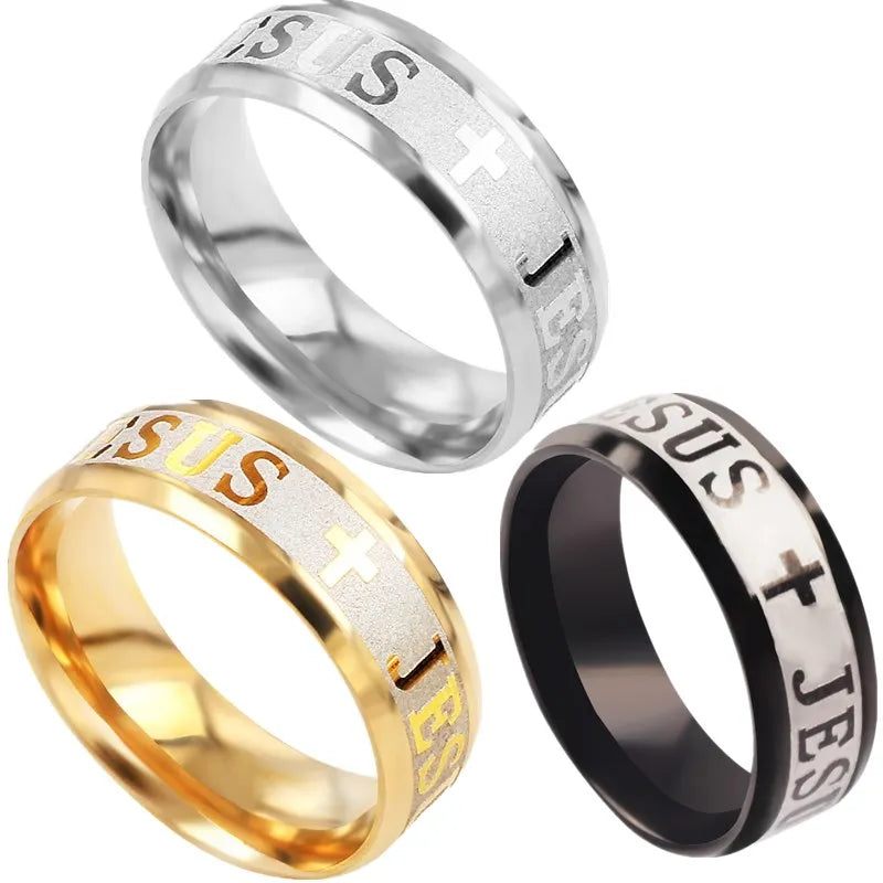 Stainless steel cross ring with 8mm band, I Love Jesus wedding band by Showlu Fashion Store, featuring a detailed cross design.