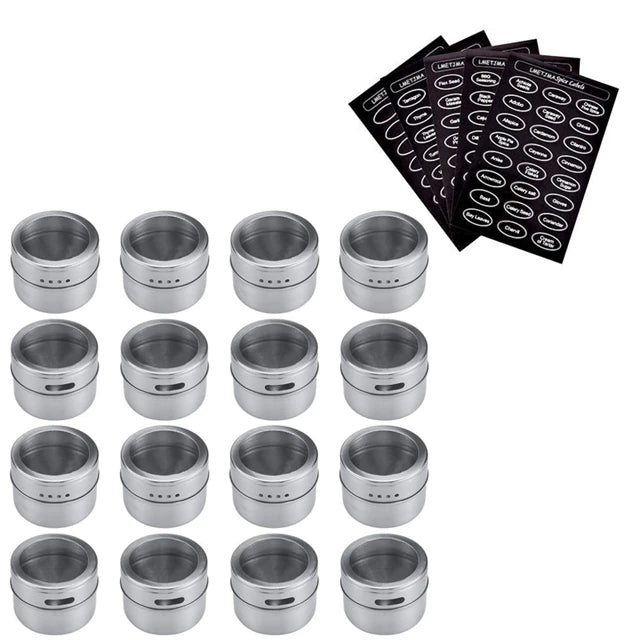 Magnetic stainless steel spice jar set with labeled containers and a magnetic wall mount for kitchen storage by Showlu Smart General