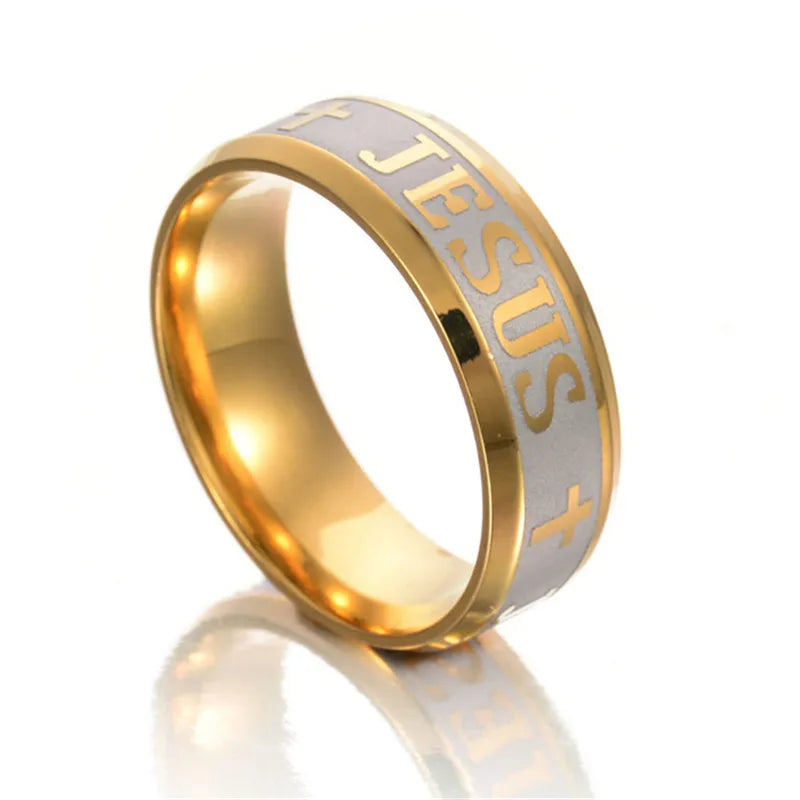 Stainless steel cross ring by QianBei, 8mm width, I Love Jesus wedding band with engraved cross design, shown on a white background.