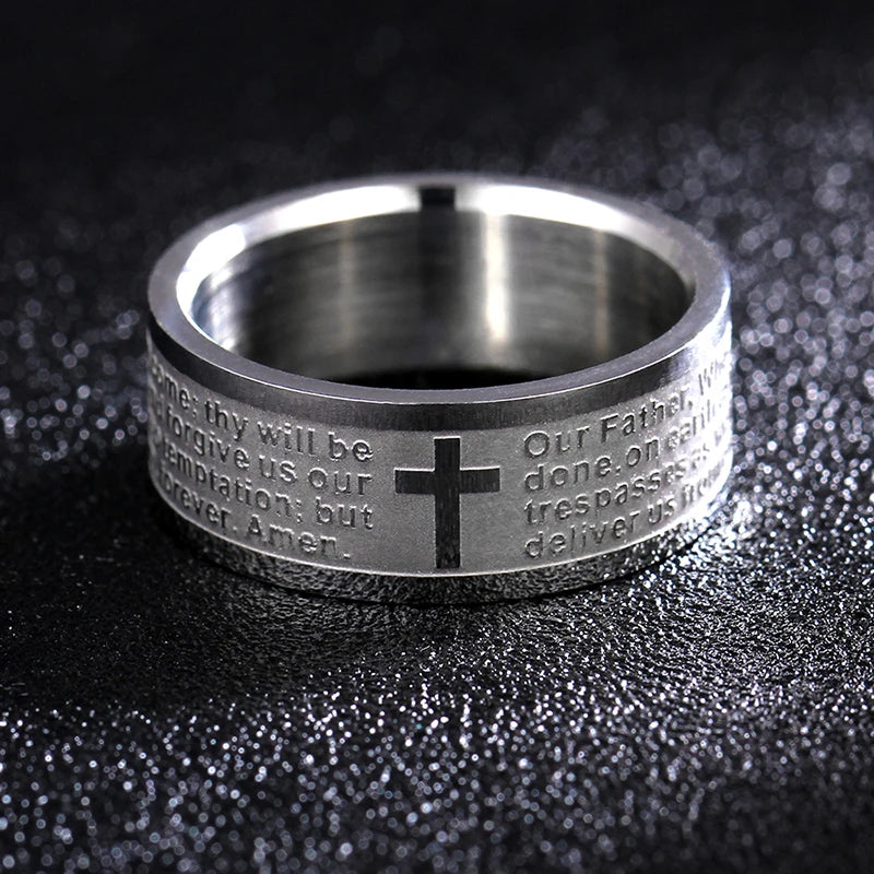Unisex Mango Sky Titanium Steel Christian Cross Bible Ring with 8mm band, showing the detailed cross design on the ring.