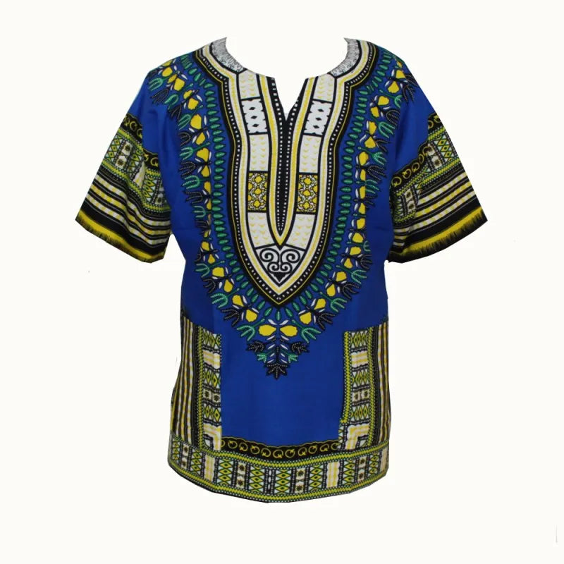 Colorful floral African dashiki dress made from traditional cotton fabric, featuring vibrant patterns and a relaxed fit.