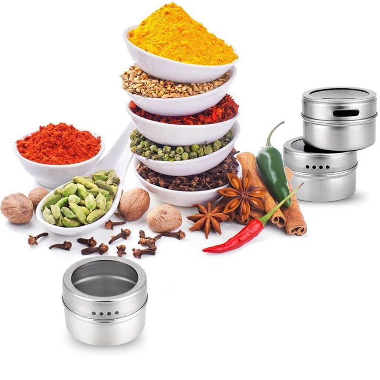 Set of magnetic stainless steel spice jars from Showlu Smart General, showing sleek, airtight containers with clear labeling for kitchen storage.